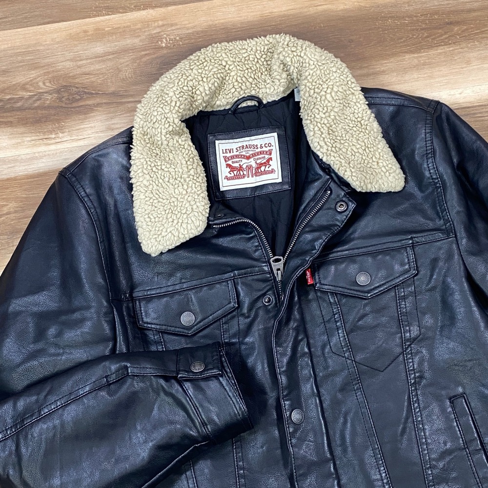 Levi's Trucker Jacket Mens L Sherpa Faux Leather Heritage Workwear Black Bomber - Picture 2 of 13